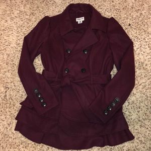 Maroon trench coat with ruffle detail